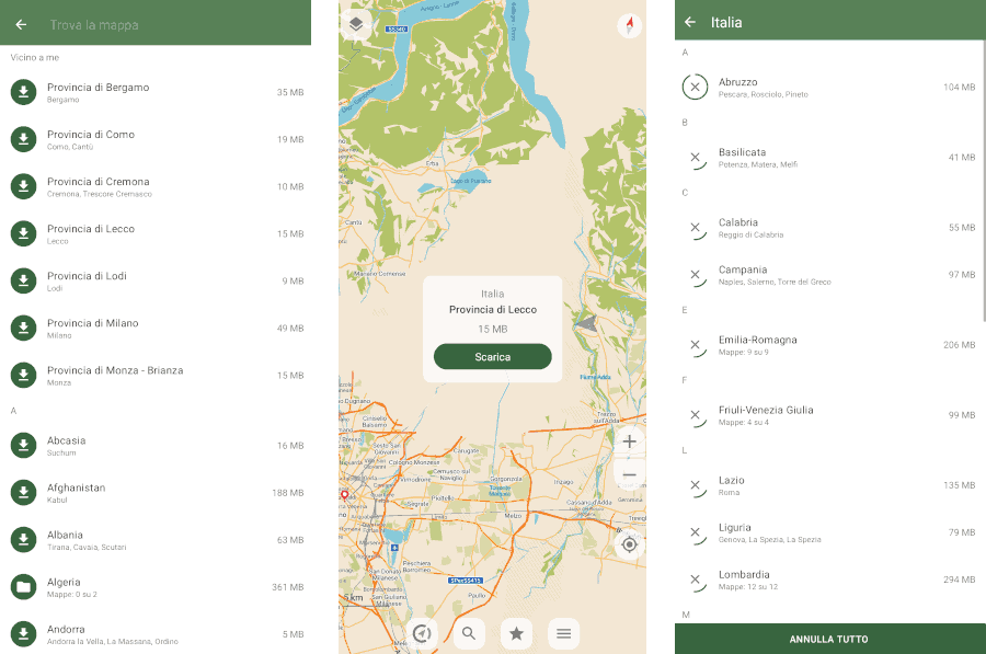 Three screenshots show the different ways users can choose which maps to download.