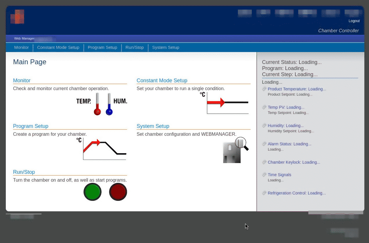 The thermal camera web interface, showing icons to start, edit, and control parameters.